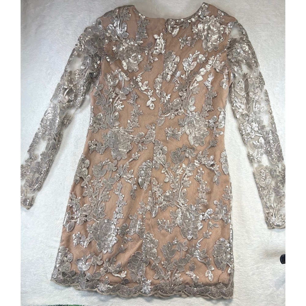 Glam Dress The Population Sequin Floral Mini Dress L Nude Gold Silver Cocktail - Picture 6 of 10